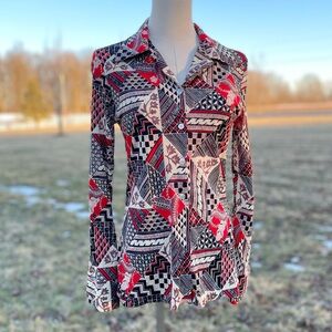 Vintage 70’s Geometric Mixed Pattern Novelty Groovy Disco Button Down Blouse